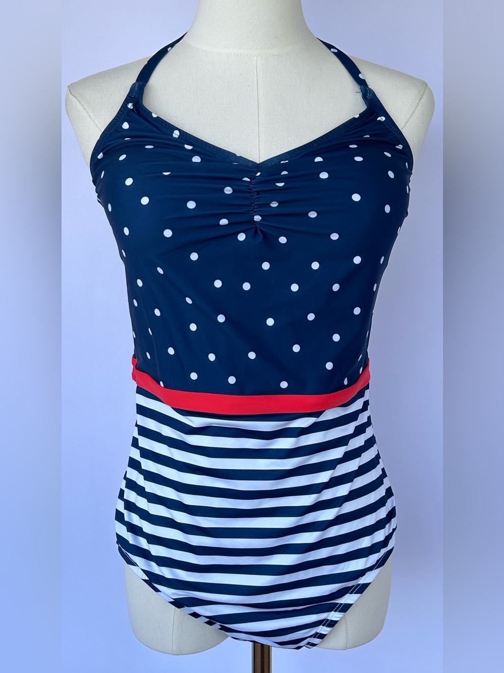ModCloth Women’s The Cleo One-Piece Swimsuit Halter Neck Nautical‎ Size Large